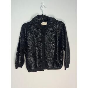 Riviera Sequin Wool Cardigan Sweater Womens‎ 40 Black Vintage Beaded Button Up
